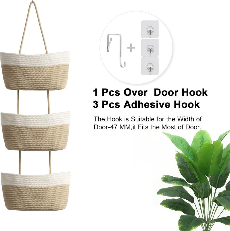 TeoKJ Over the Door Hanging Basket, 3-Tier Woven Cotton Wall-Mounted Storage Organizer Bag Decorative Hanging Kitchen Baskets - White + Jute - Image 4